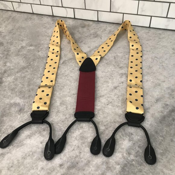 Trafalgar Suspenders Mens One Size Yellow Polka Dot Leather Button End Y-Back - Picture 1 of 7